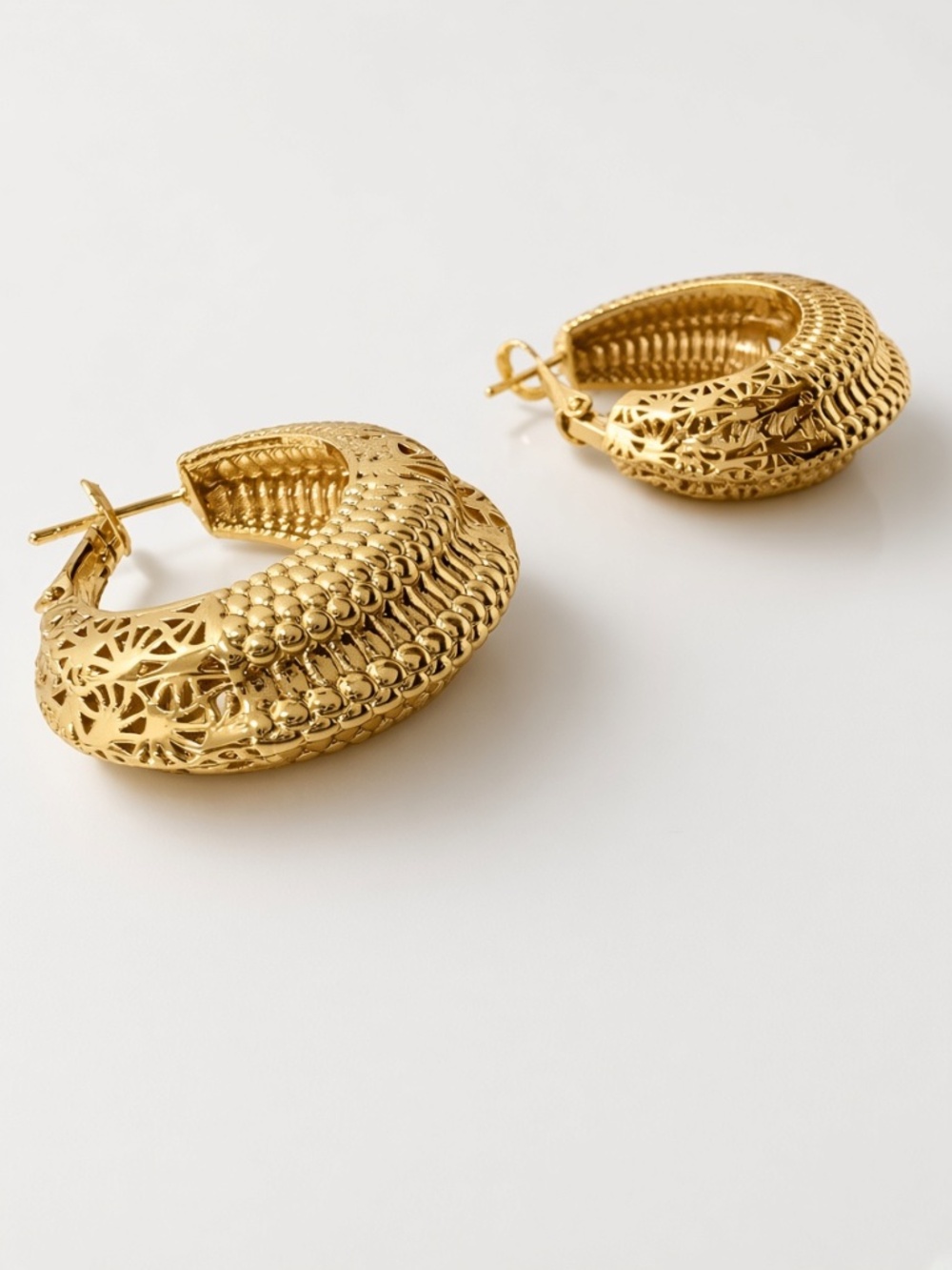 Chunky Gold Tone Textured Filigree Hoops - Picture 2 of 4